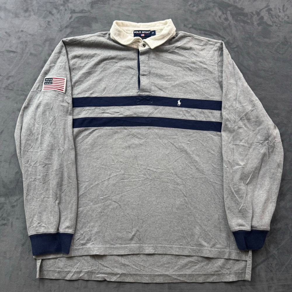 Polo Sport Ralph Lauren Rugby Shirt XXL Gray Navy Stripe USA Flag Vintage 90s